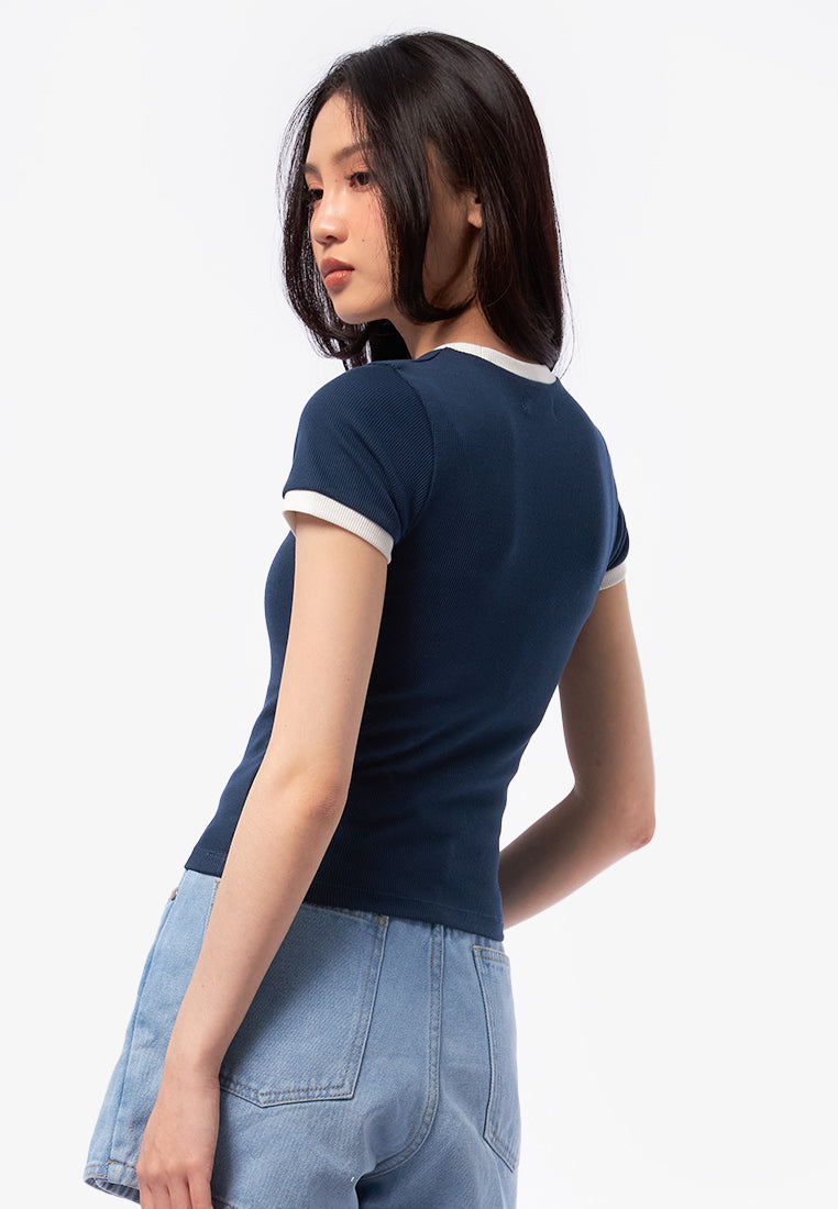 Logo Contrast Rib Crop T-Shirt