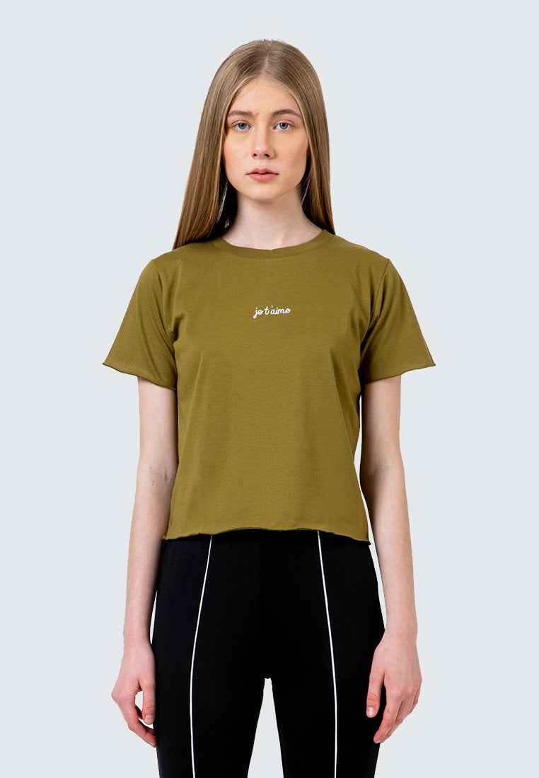 Olive Embroidery crop T-Shirt