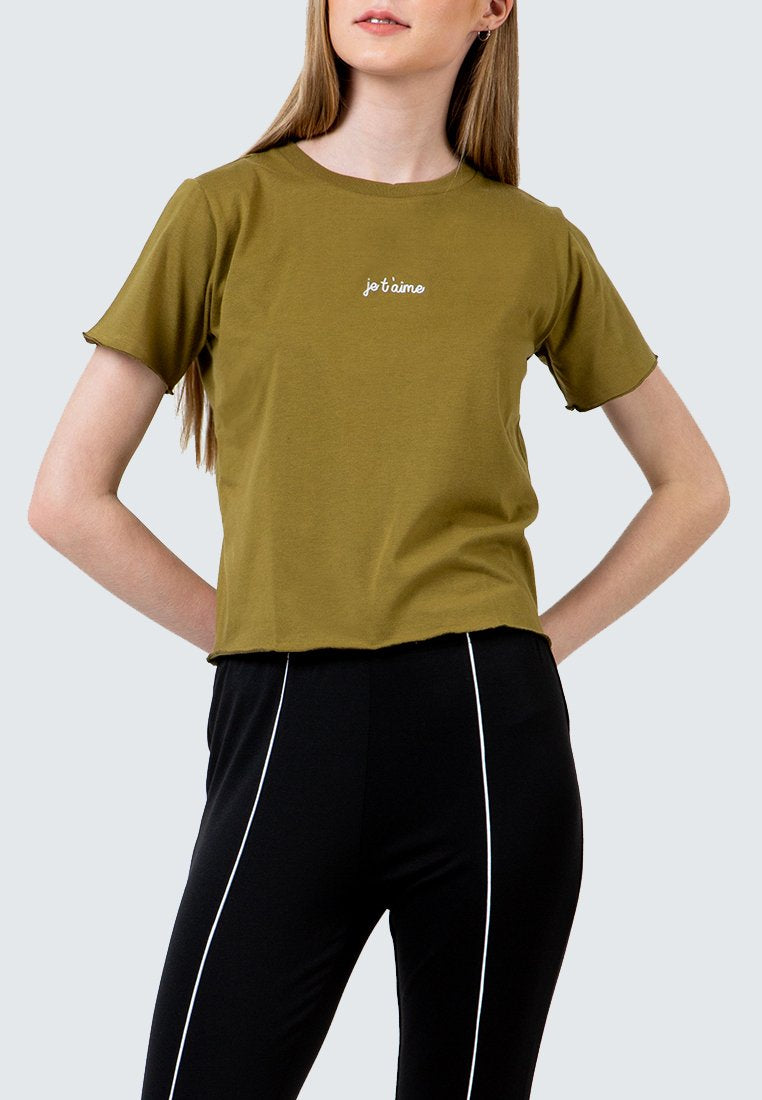 Olive Embroidery crop T-Shirt