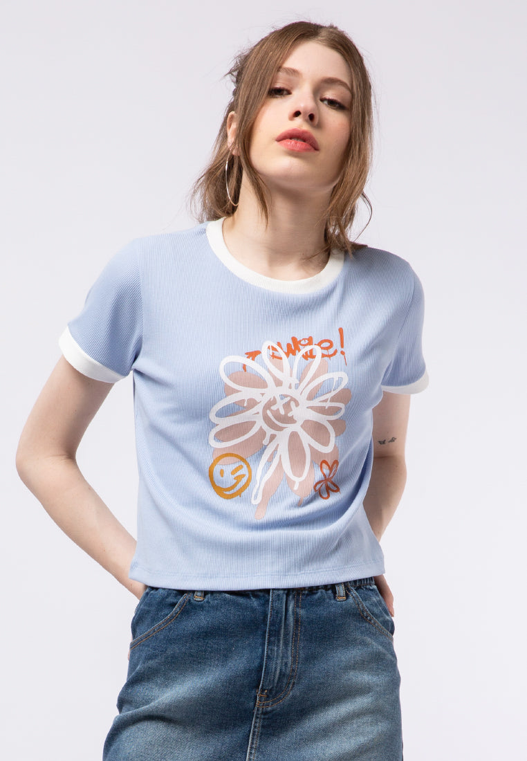 Contrast Rib Graphic Crop T-shirt