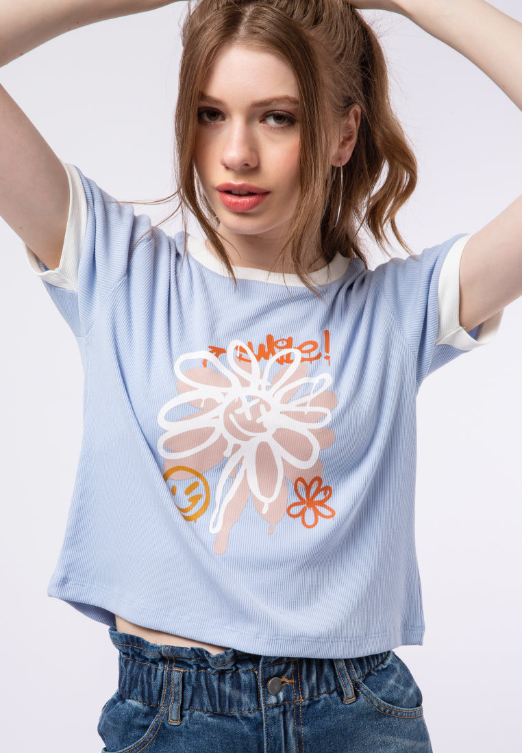 Contrast Rib Graphic Crop T-shirt