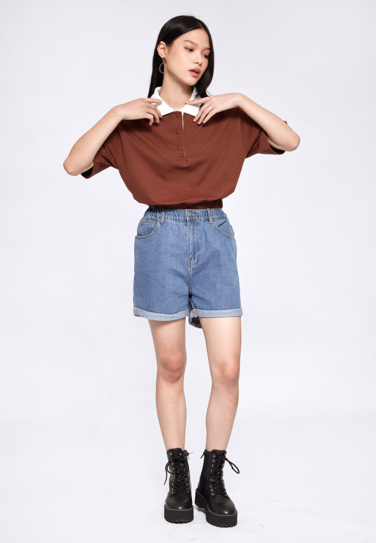 Crop Polo Top with Contrast Collar