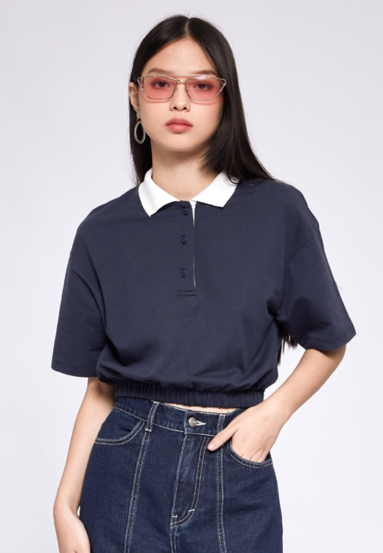Crop Polo Top with Contrast Collar