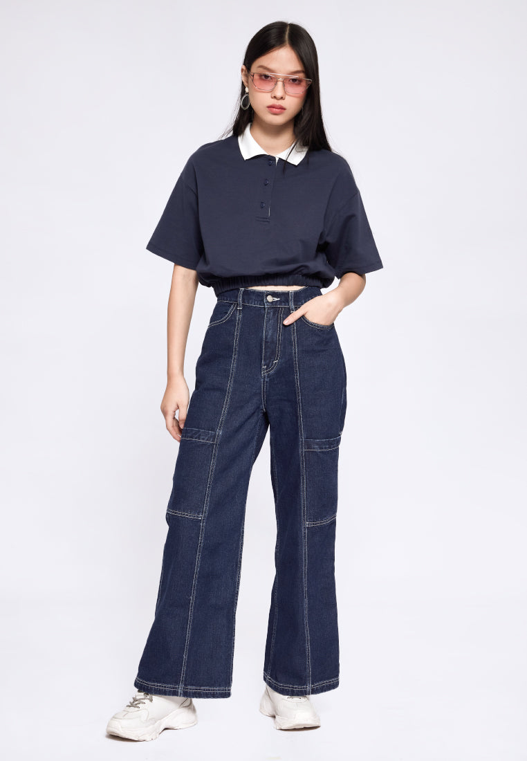 Crop Polo Top with Contrast Collar
