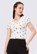 Printed V-Neck Puff Sleeves Top