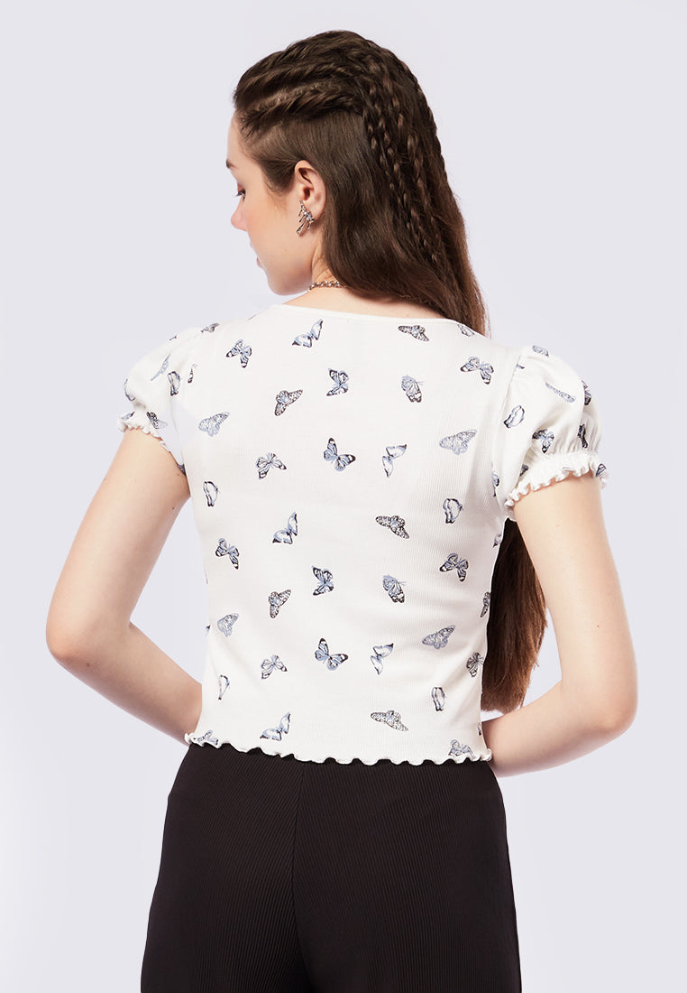 Printed V-Neck Puff Sleeves Top
