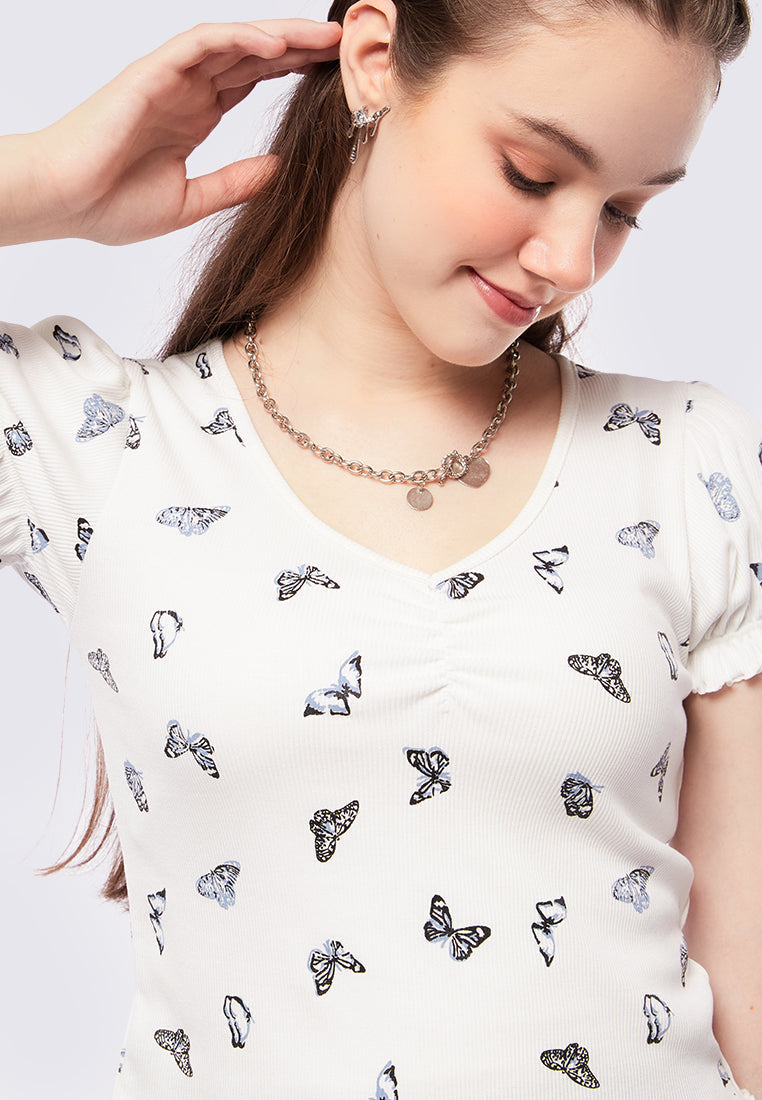 Printed V-Neck Puff Sleeves Top