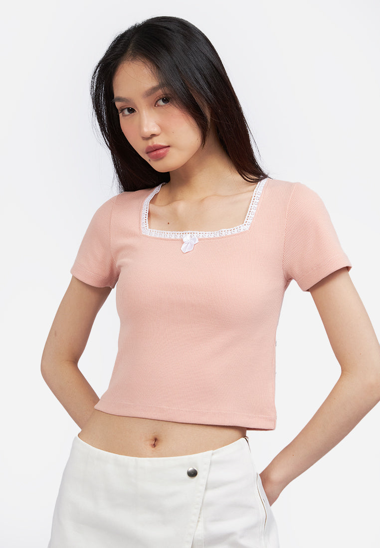 Square Neck Lace Crop Top Orange
