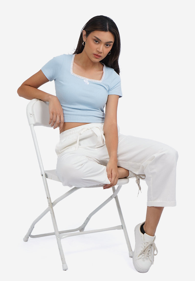 Square Neck Lace Crop Top L.Blue