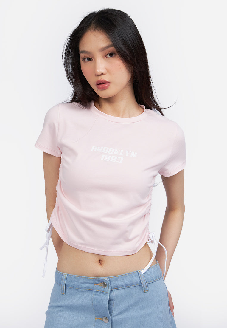 Contrast Side Drawstring Graphic Tee L.Pink