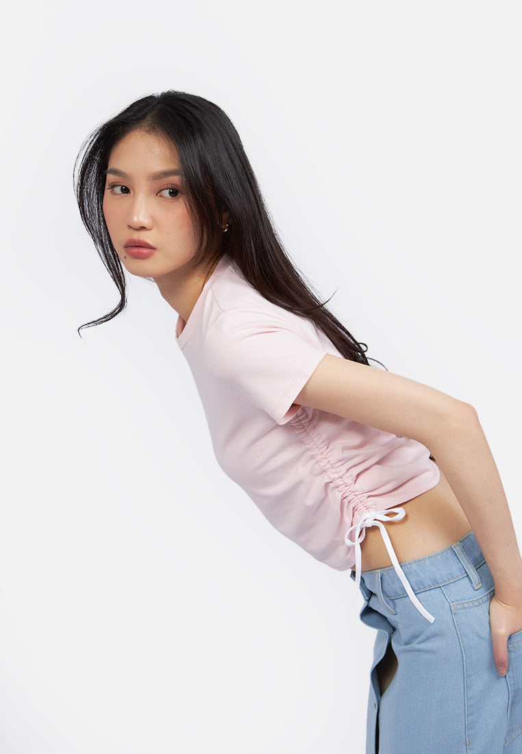 Contrast Side Drawstring Graphic Tee L.Pink
