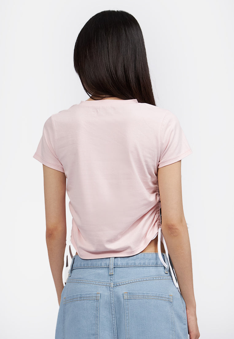 Contrast Side Drawstring Graphic Tee L.Pink