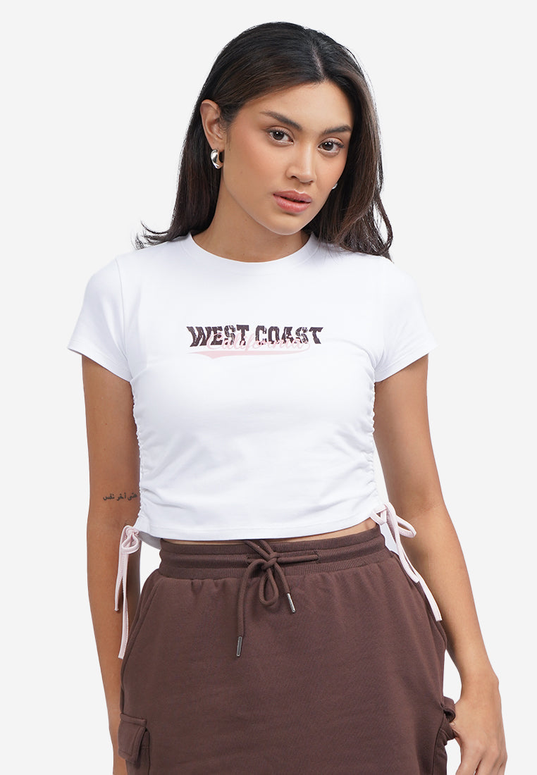 Contrast Side Drawstring Graphic Tee Off White