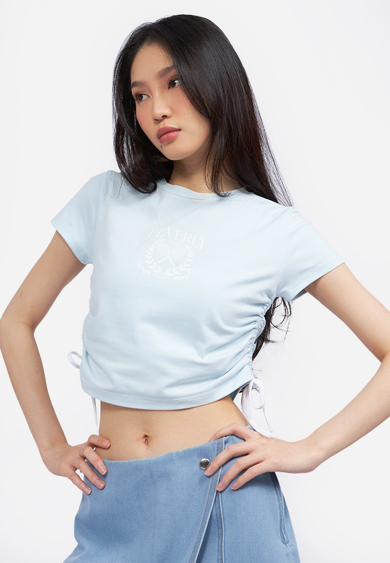 Contrast Side Drawstring Graphic Tee L.Blue