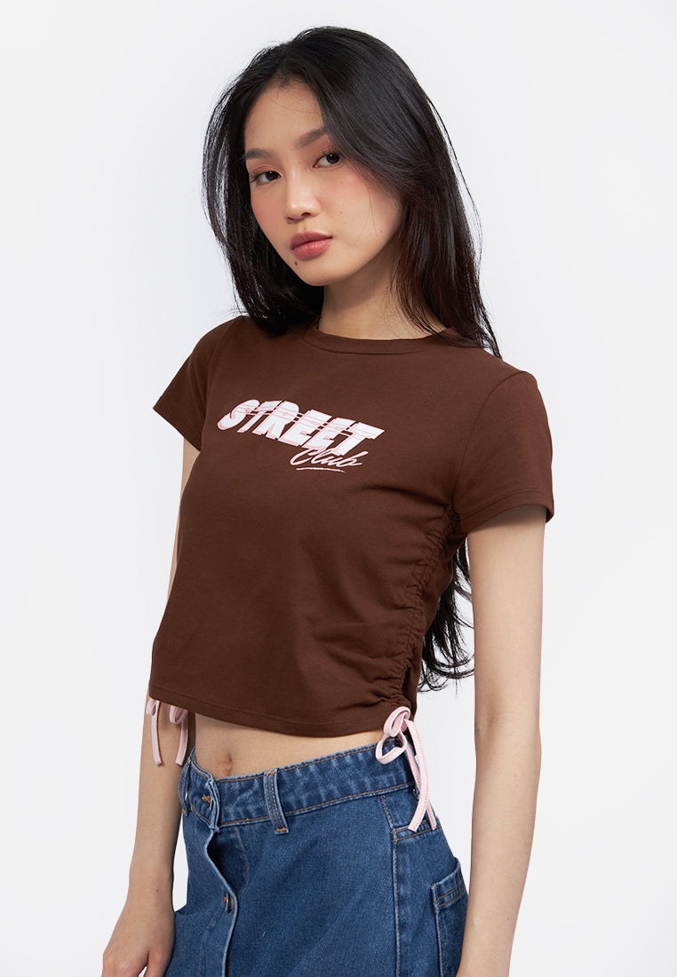 Contrast Side Drawstring Graphic Tee Dark Brown