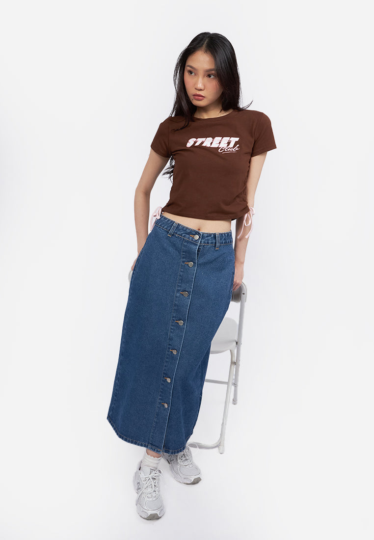 Contrast Side Drawstring Graphic Tee Dark Brown
