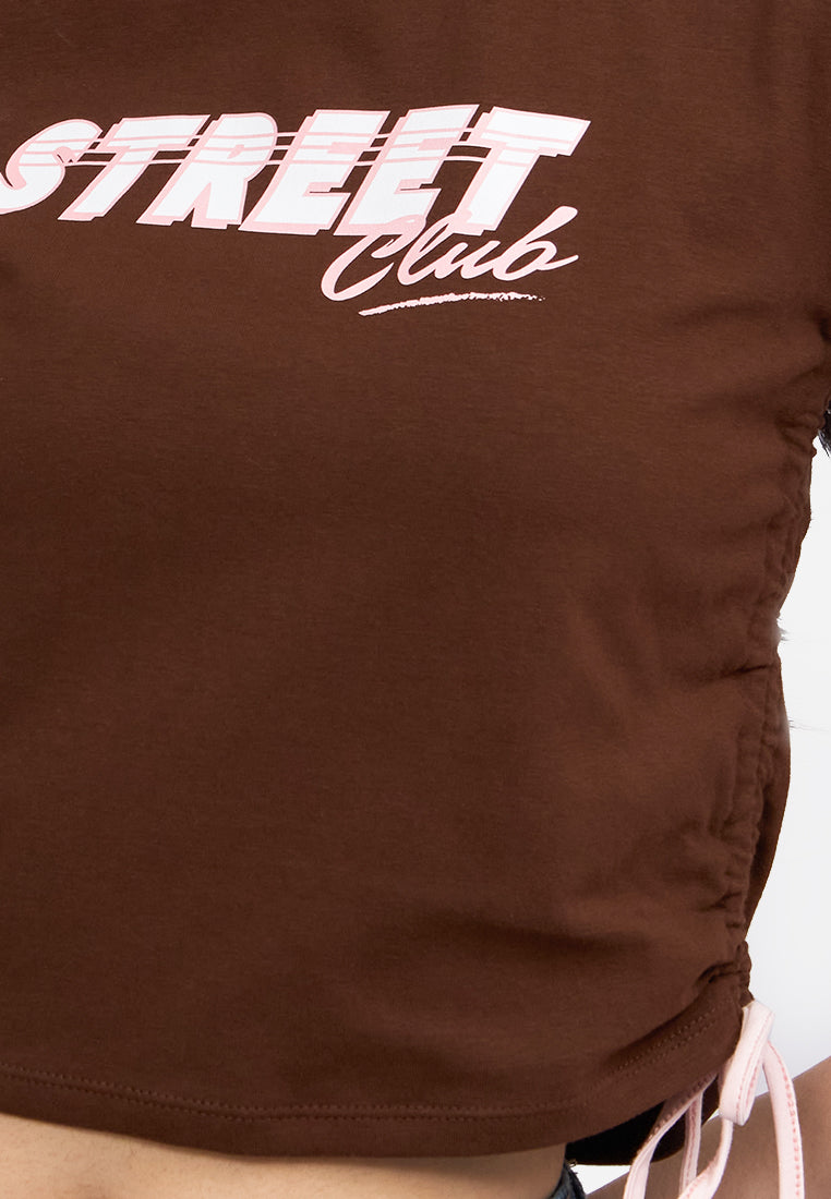 Contrast Side Drawstring Graphic Tee Dark Brown