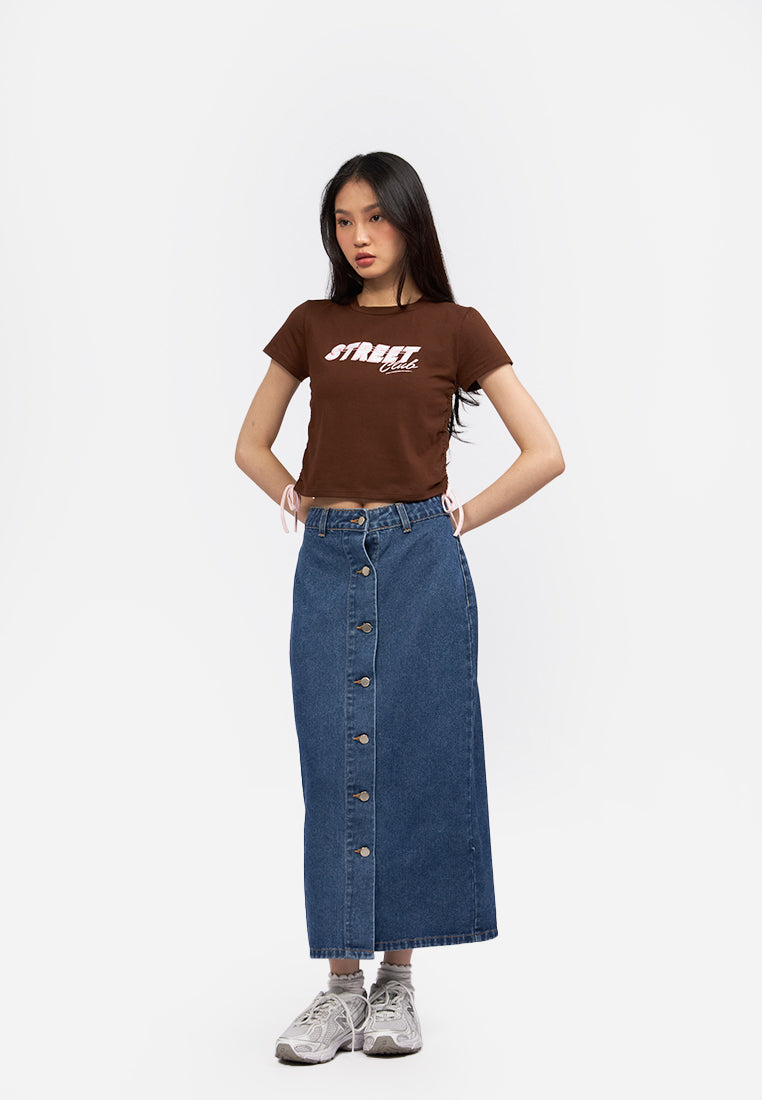 Contrast Side Drawstring Graphic Tee Dark Brown