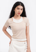Double Layered Short Sleeve Top Beige