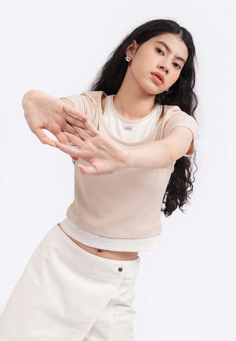 Double Layered Short Sleeve Top Beige