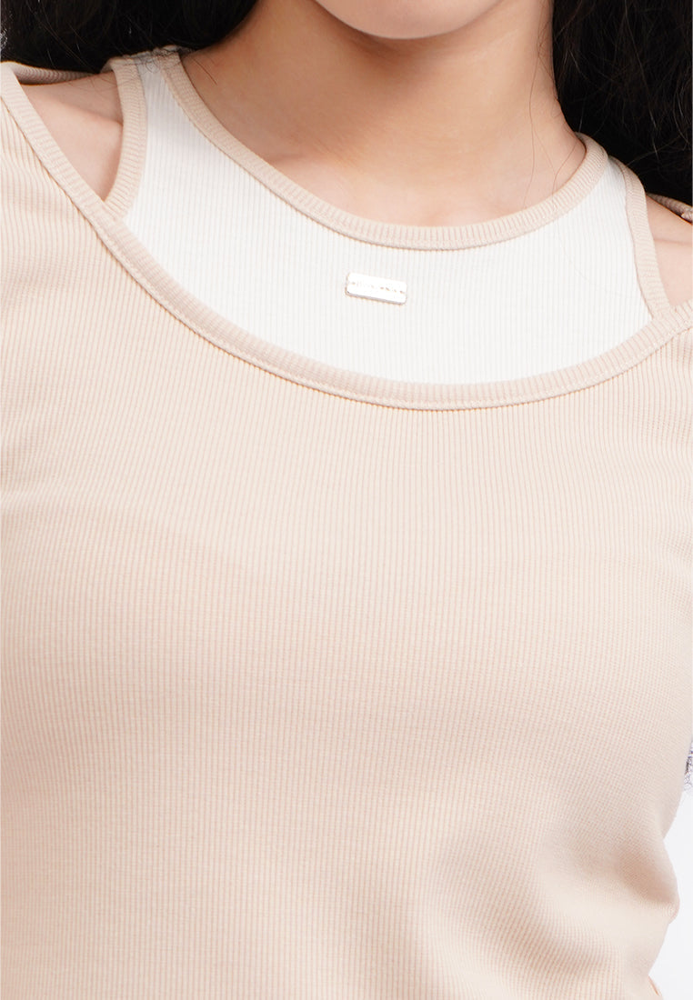 Double Layered Short Sleeve Top Beige