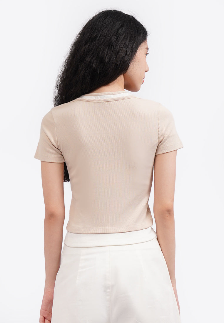 Double Layered Short Sleeve Top Beige