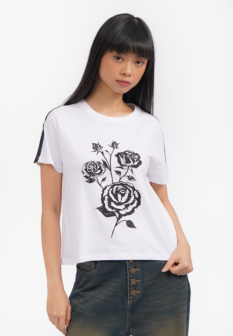 Graphic T-Shirt with Lace Details Off White