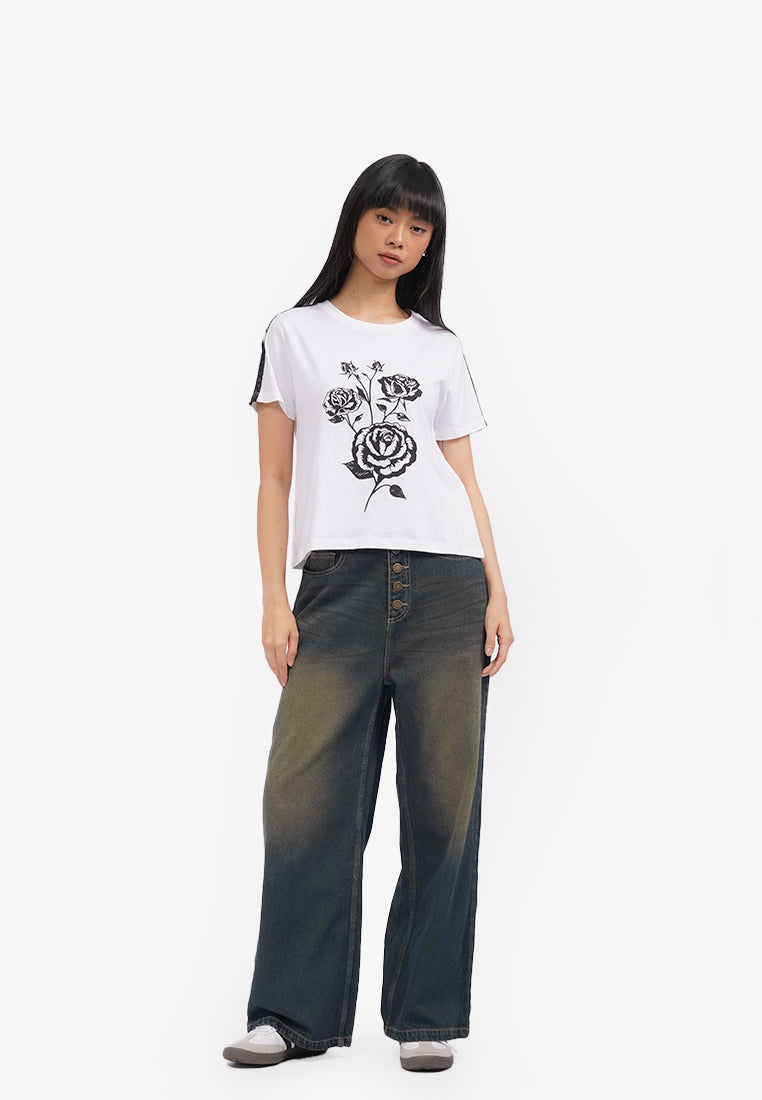 Graphic T-Shirt with Lace Details Off White
