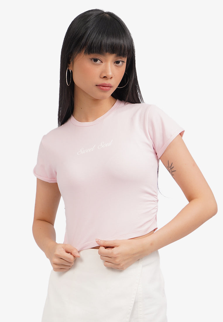 Roll Up Side Ruched T-Shirt L.Pink