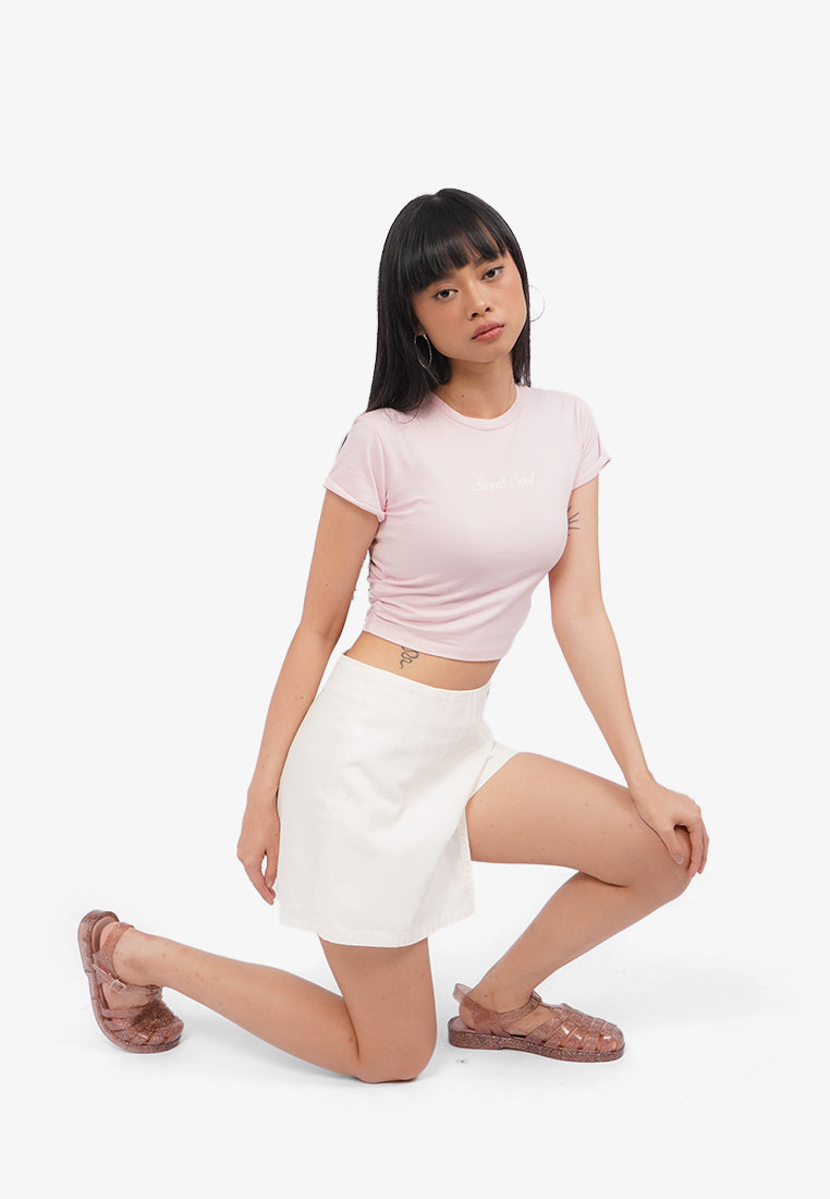 Roll Up Side Ruched T-Shirt L.Pink