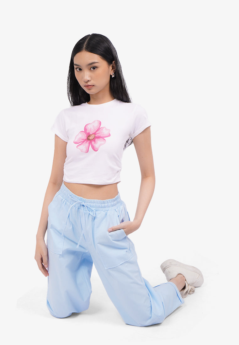 Roll Up Side Ruched T-Shirt Off White