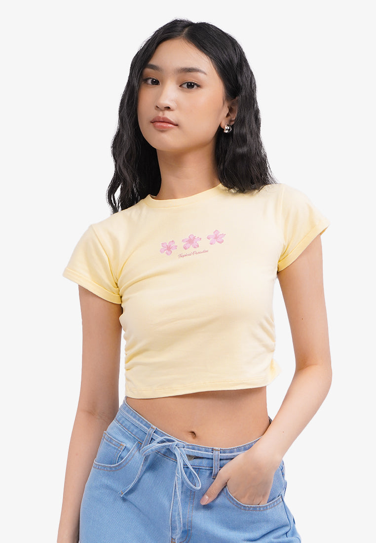 Roll Up Side Ruched T-Shirt Yellow