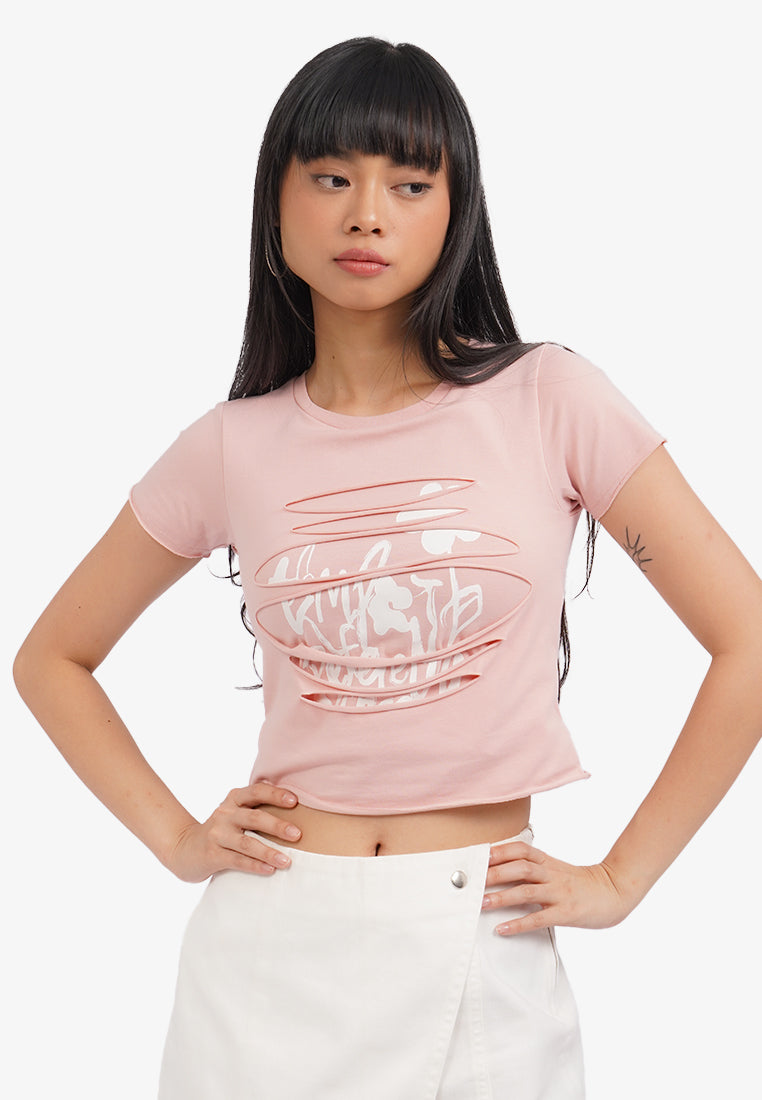 Double Layer Slicing T-Shirt L.Pink