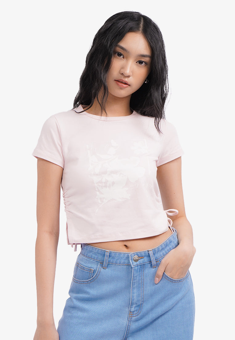 Side Ruched Graphic T-Shirt L.Pink