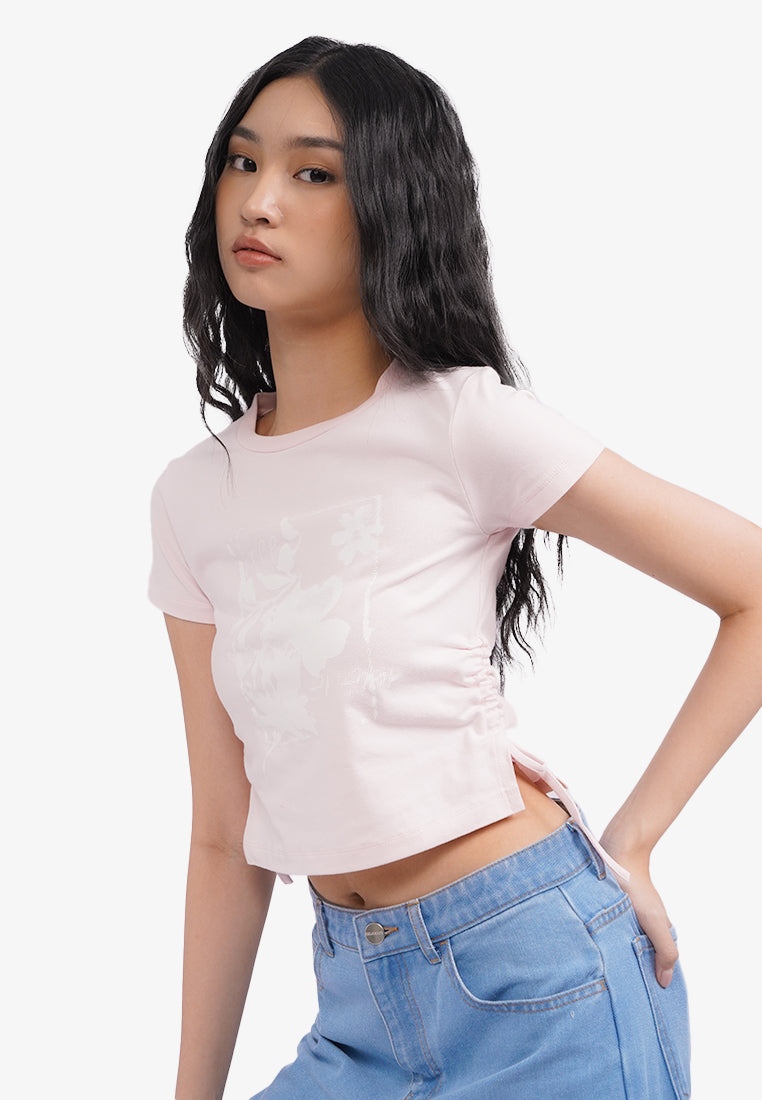 Side Ruched Graphic T-Shirt L.Pink