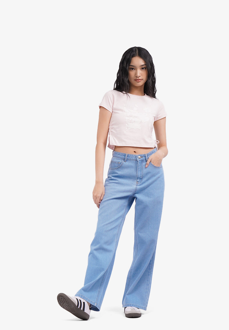 Side Ruched Graphic T-Shirt L.Pink