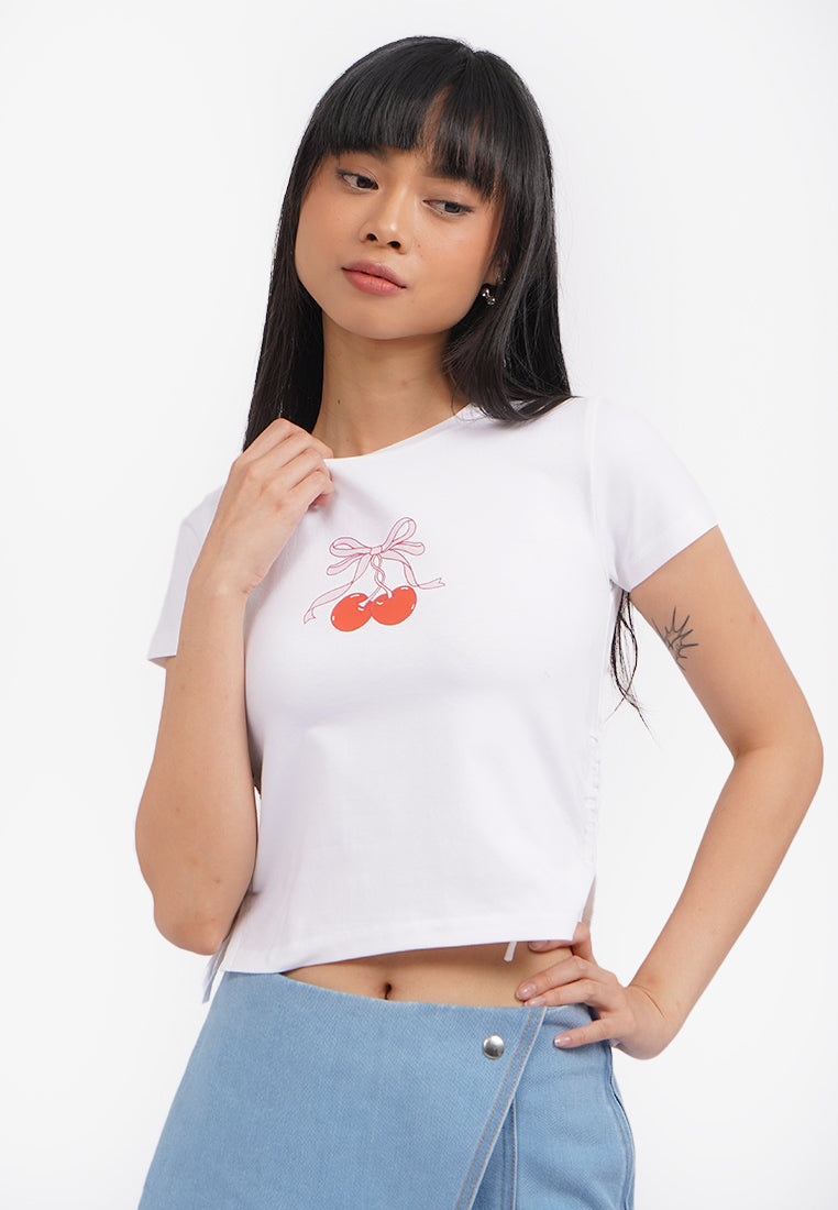 Side Ruched Graphic T-Shirt Off White
