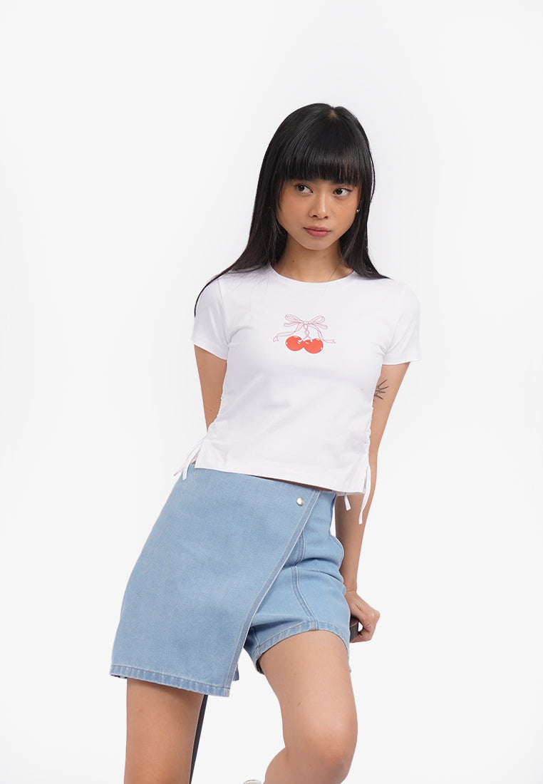Side Ruched Graphic T-Shirt Off White