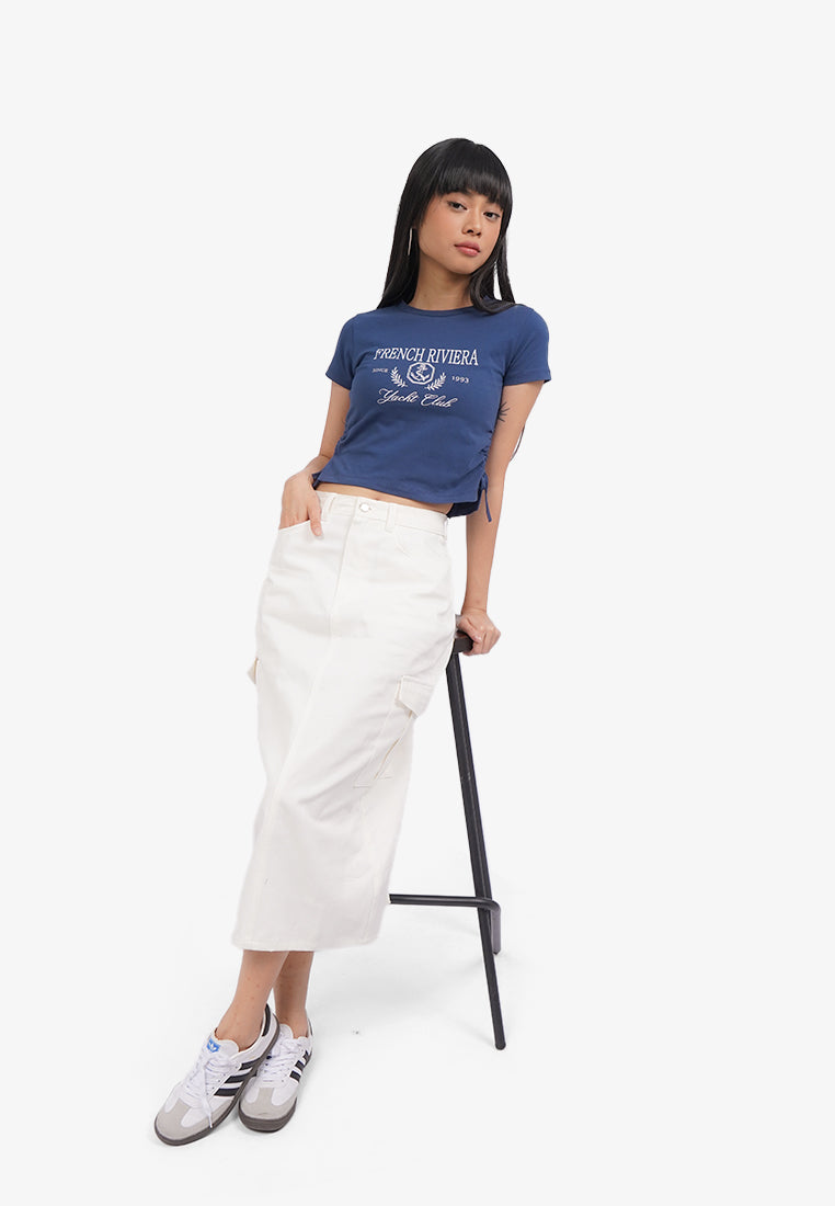 Side Ruched Graphic T-Shirt Navy
