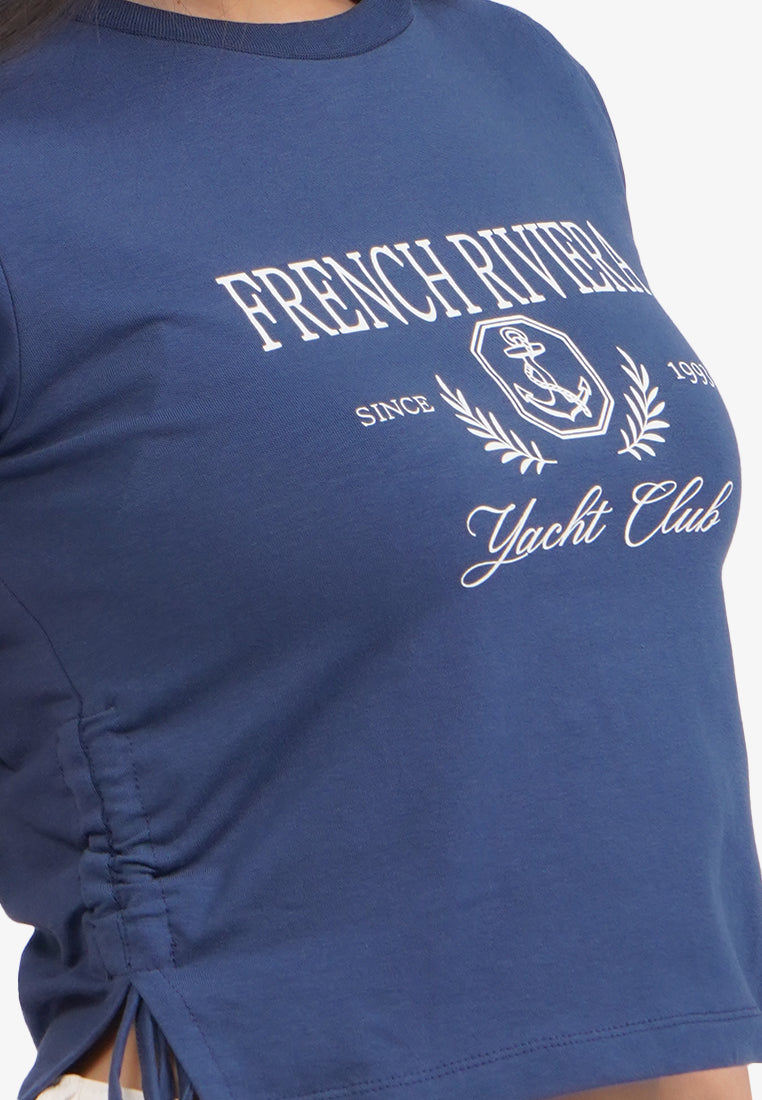 Side Ruched Graphic T-Shirt Navy