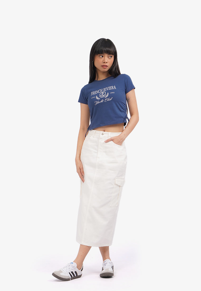 Side Ruched Graphic T-Shirt Navy