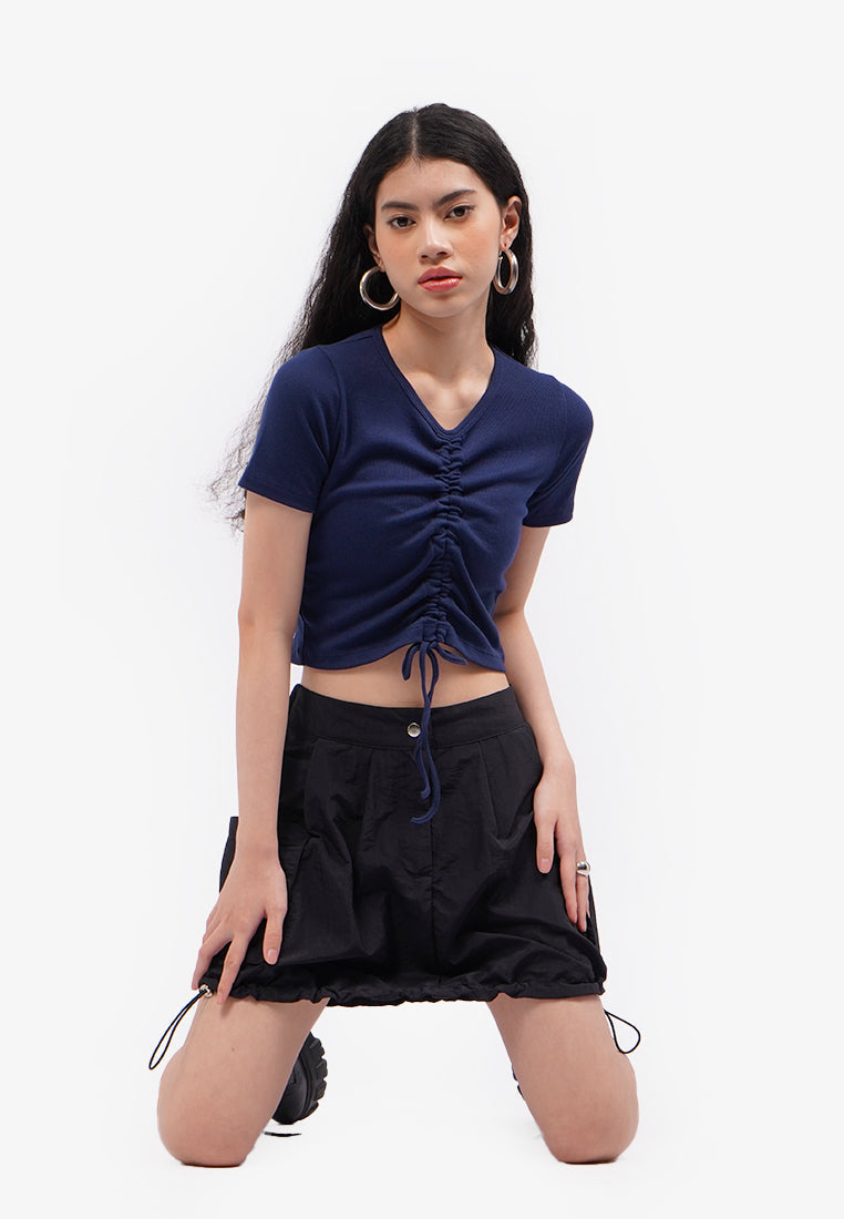 Front Ruched Short Sleeve Top Navy