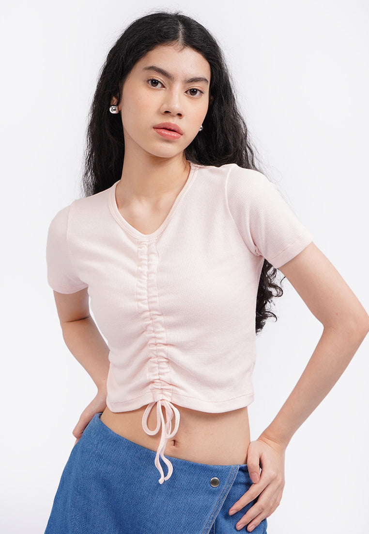 Front Ruched Short Sleeve Top L.Pink