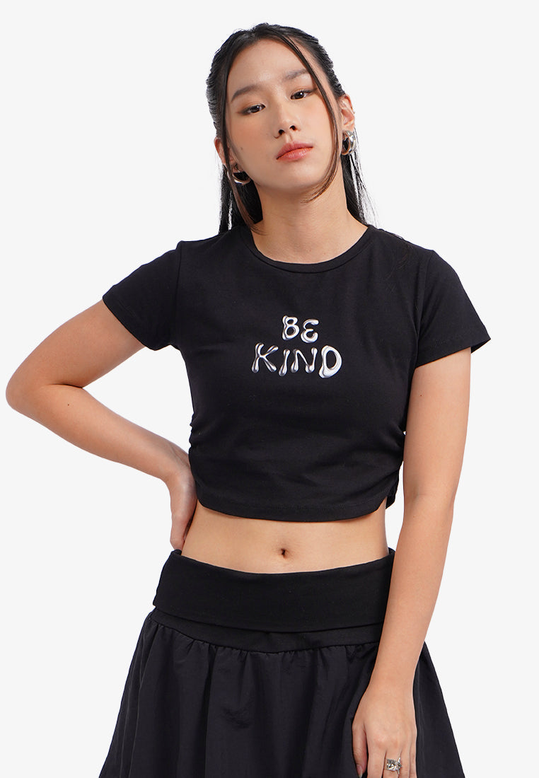 Side Ruched Graphic Crop T-Shirt Black