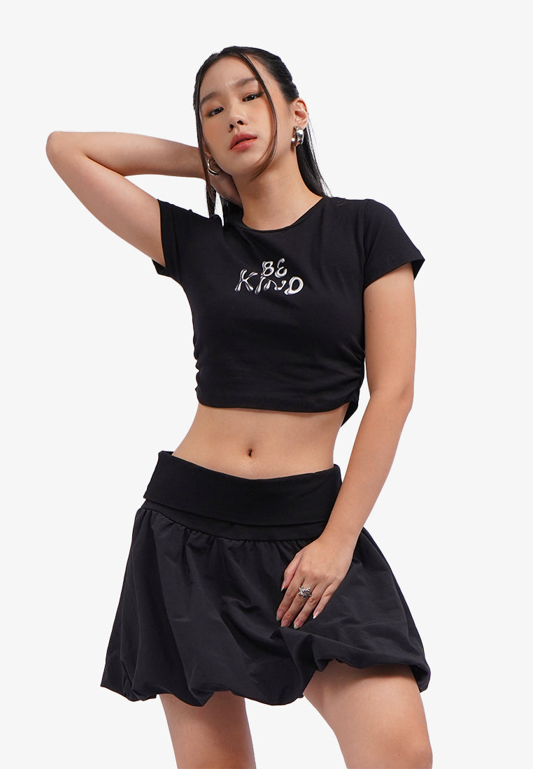 Side Ruched Graphic Crop T-Shirt Black