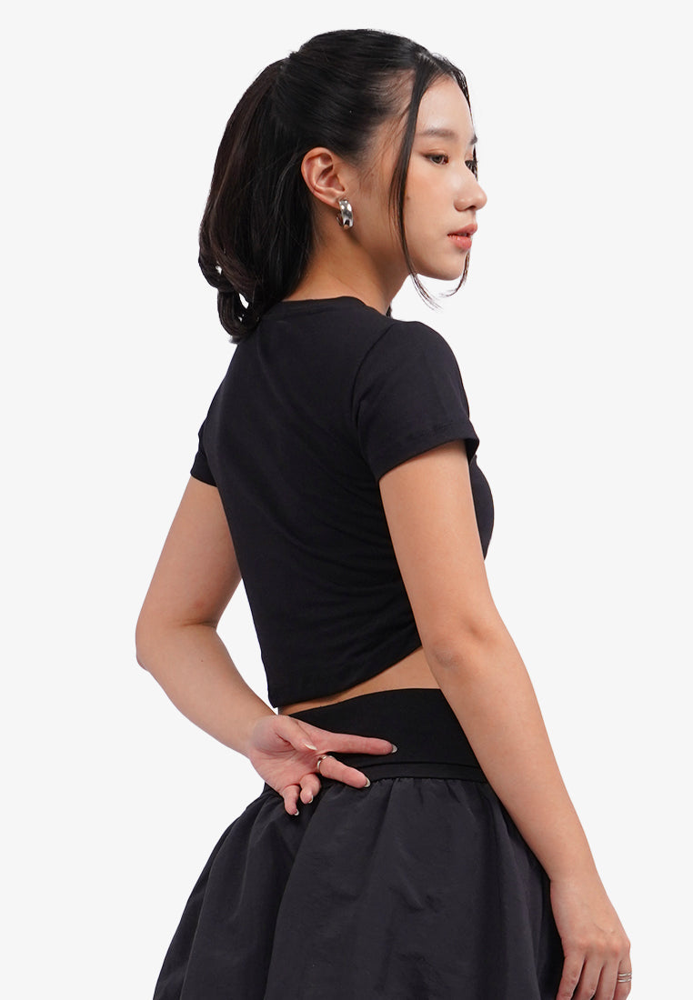 Side Ruched Graphic Crop T-Shirt Black