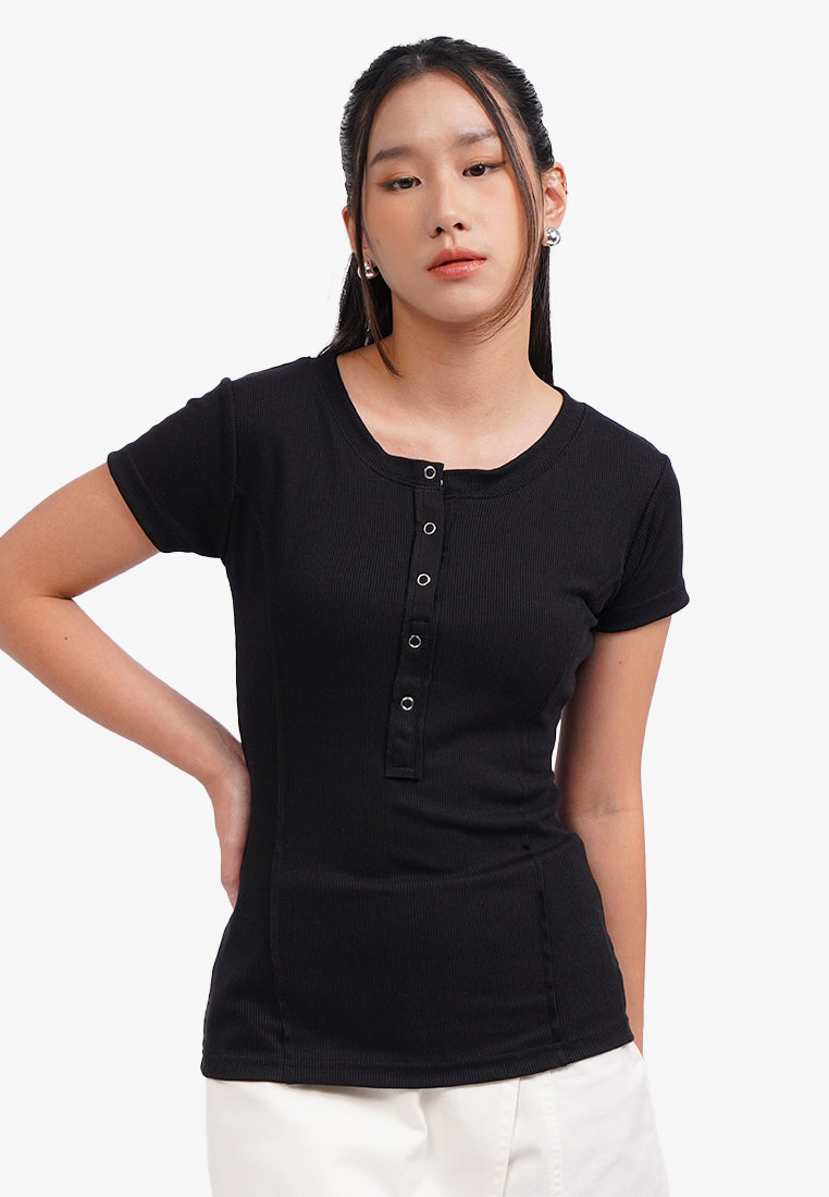Button Up Short Sleeve T-Shirt Black