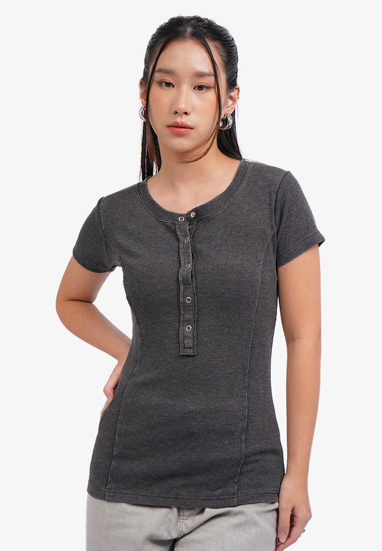 Button Up Short Sleeve T-Shirt L.Grey
