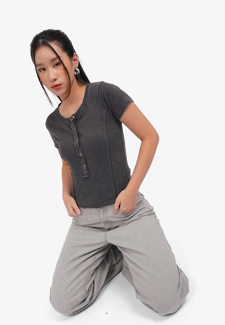 Button Up Short Sleeve T-Shirt L.Grey