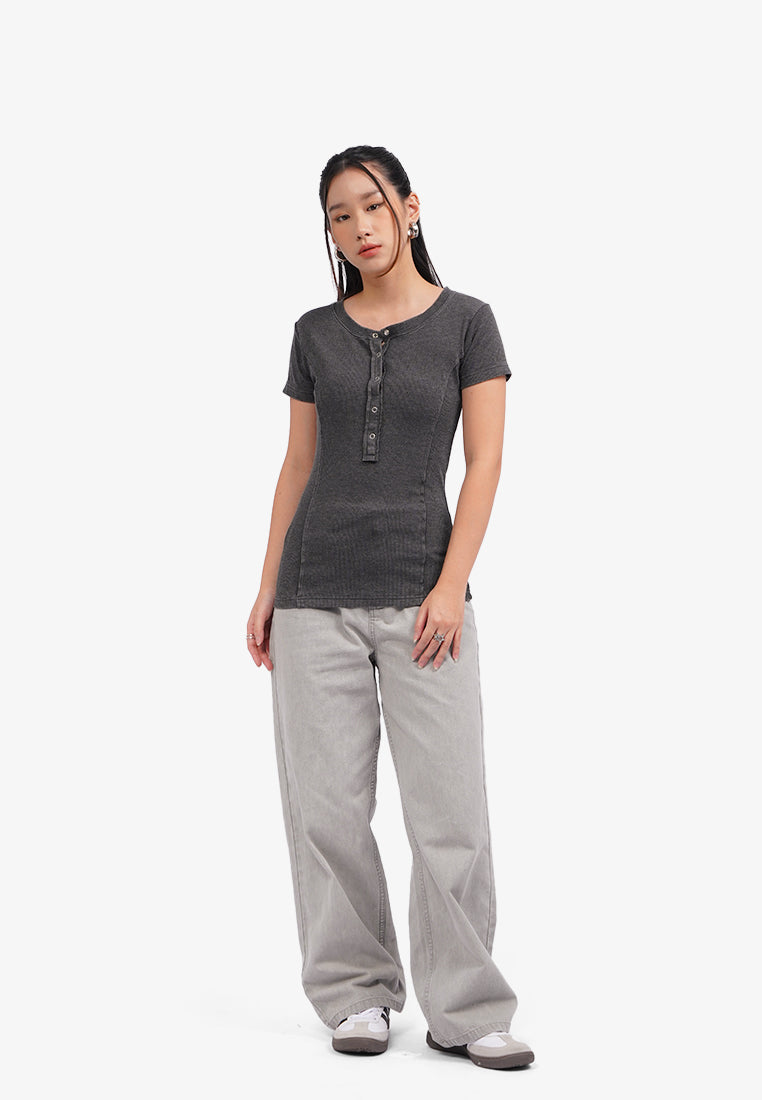 Button Up Short Sleeve T-Shirt L.Grey